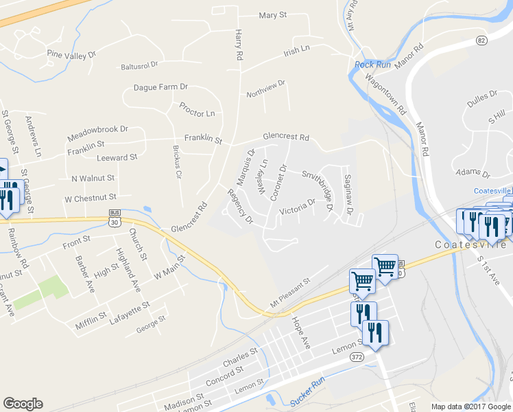 map of restaurants, bars, coffee shops, grocery stores, and more near 118 Mayfield Drive in Coatesville