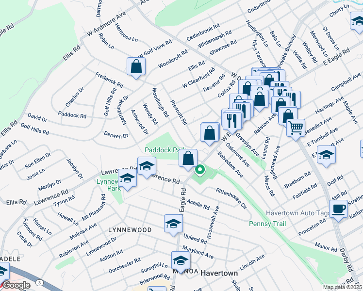 map of restaurants, bars, coffee shops, grocery stores, and more near 2514 Woodleigh Road in Havertown