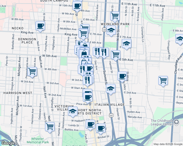 map of restaurants, bars, coffee shops, grocery stores, and more near 1130 Mount Pleasant Avenue in Columbus