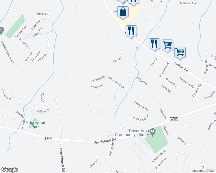map of restaurants, bars, coffee shops, grocery stores, and more near 2616 Brownstone Drive in Dover