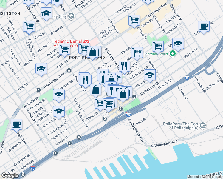 map of restaurants, bars, coffee shops, grocery stores, and more near 2633 East Allegheny Avenue in Philadelphia