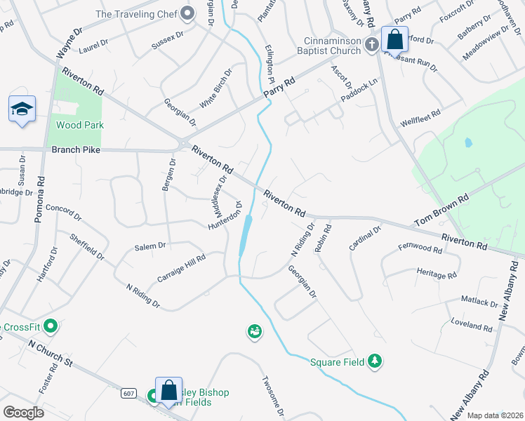 map of restaurants, bars, coffee shops, grocery stores, and more near 2801 Riverton Road in Cinnaminson