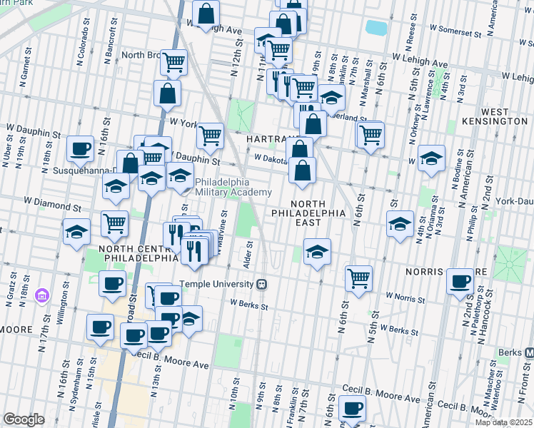 map of restaurants, bars, coffee shops, grocery stores, and more near 2137 North 10th Street in Philadelphia