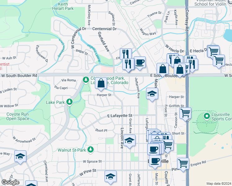 map of restaurants, bars, coffee shops, grocery stores, and more near 1590 Garfield Avenue in Louisville