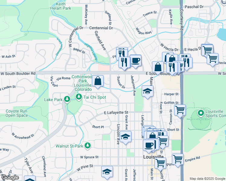 map of restaurants, bars, coffee shops, grocery stores, and more near 1590 Garfield Avenue in Louisville