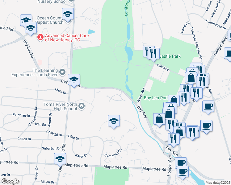 map of restaurants, bars, coffee shops, grocery stores, and more near 137 Bey Lea Road in Toms River