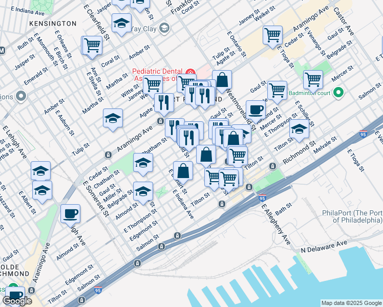 map of restaurants, bars, coffee shops, grocery stores, and more near 3109 Belgrade Street in Philadelphia