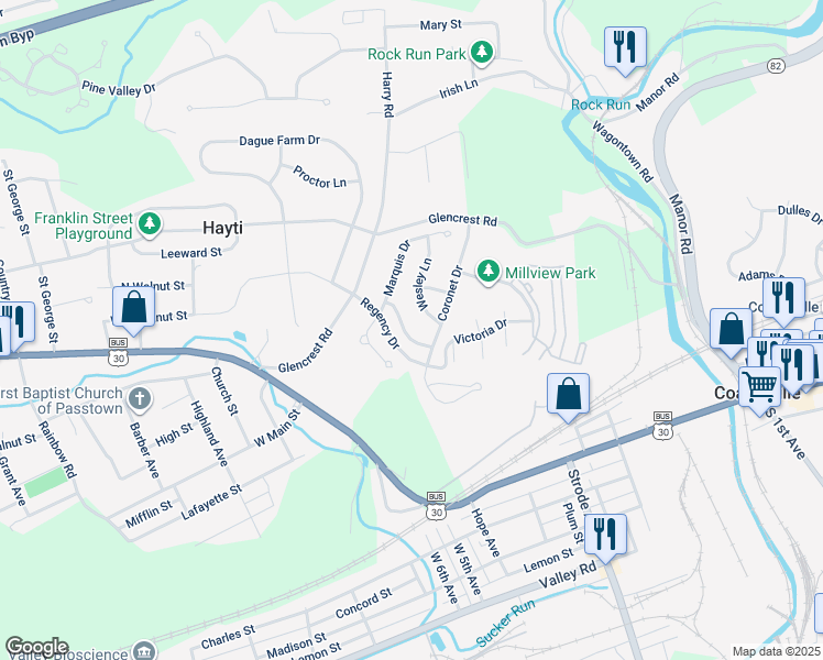 map of restaurants, bars, coffee shops, grocery stores, and more near 118 Mayfield Drive in Coatesville