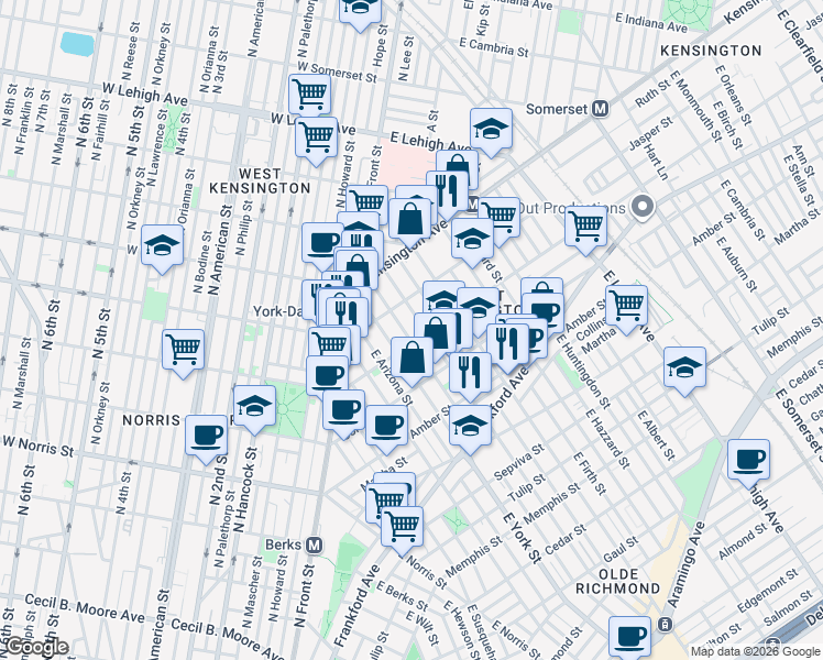 map of restaurants, bars, coffee shops, grocery stores, and more near 1999 East Boston Street in Philadelphia
