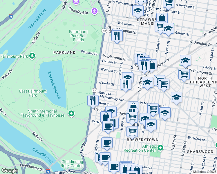 map of restaurants, bars, coffee shops, grocery stores, and more near 3149 Euclid Avenue in Philadelphia