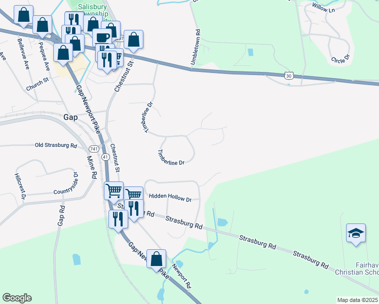 map of restaurants, bars, coffee shops, grocery stores, and more near 892 Timberline Drive in Gap