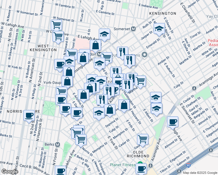map of restaurants, bars, coffee shops, grocery stores, and more near 2033 East Sergeant Street in Philadelphia