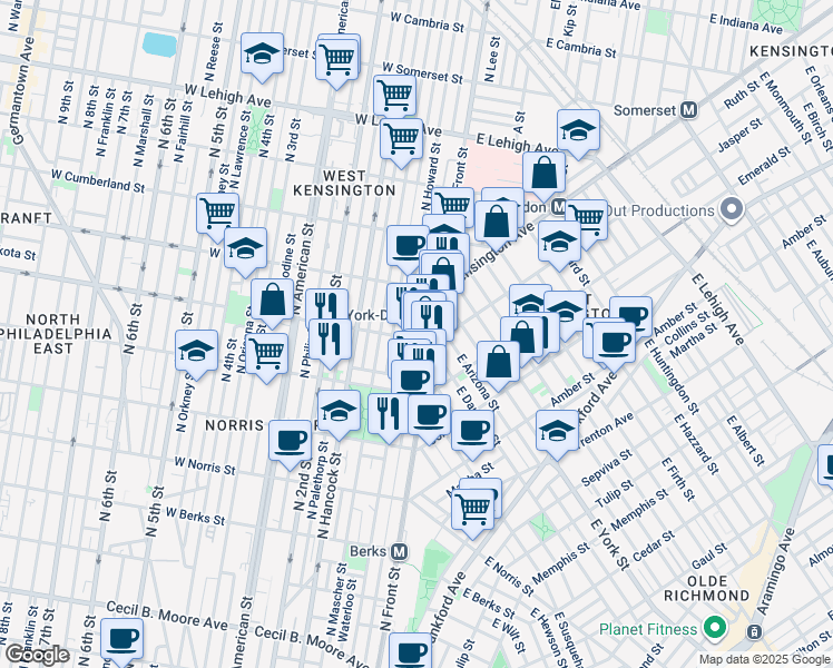 map of restaurants, bars, coffee shops, grocery stores, and more near 109 West Dauphin Street in Philadelphia