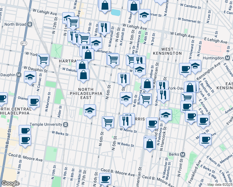 map of restaurants, bars, coffee shops, grocery stores, and more near 2212 North Reese Street in Philadelphia
