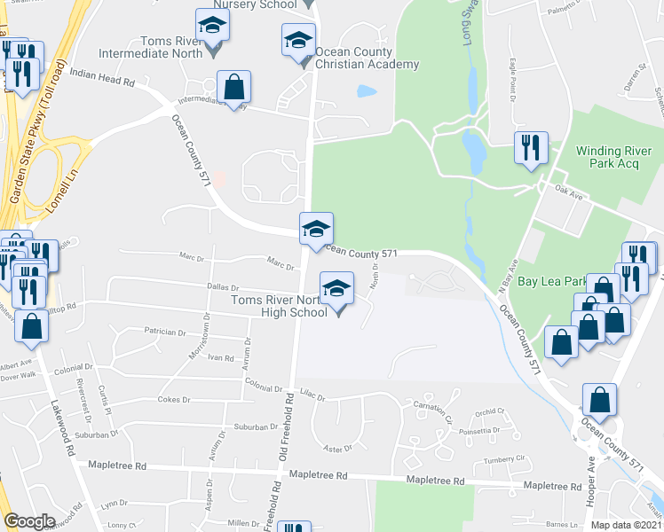 map of restaurants, bars, coffee shops, grocery stores, and more near 137 Bey Lea Road in Toms River
