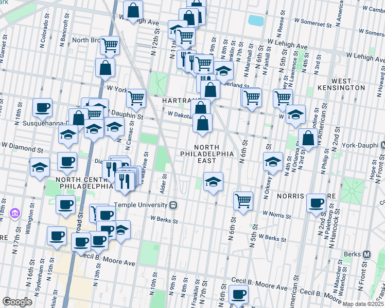map of restaurants, bars, coffee shops, grocery stores, and more near 902 West Susquehanna Avenue in Philadelphia