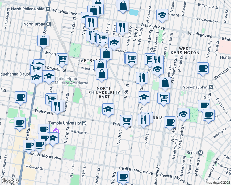 map of restaurants, bars, coffee shops, grocery stores, and more near 2224 North 7th Street in Philadelphia