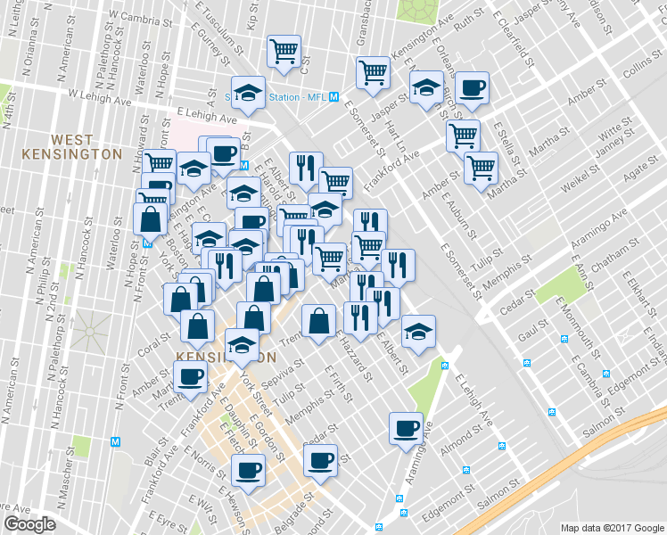 map of restaurants, bars, coffee shops, grocery stores, and more near 2624 Collins Street in Philadelphia