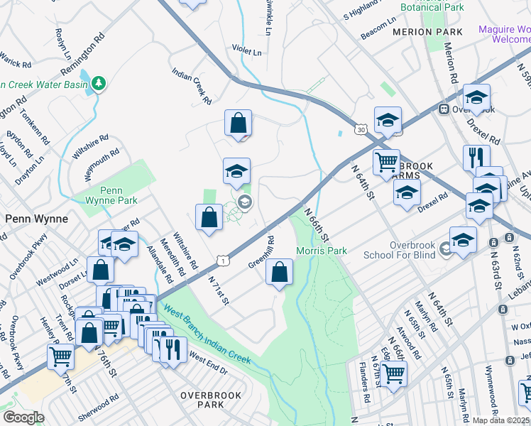 map of restaurants, bars, coffee shops, grocery stores, and more near 1001 City Avenue in Penn Wynne