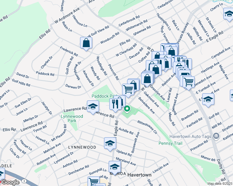 map of restaurants, bars, coffee shops, grocery stores, and more near 2514 Woodleigh Road in Havertown