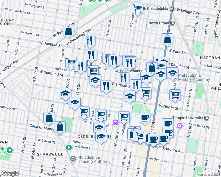 map of restaurants, bars, coffee shops, grocery stores, and more near in Philadelphia