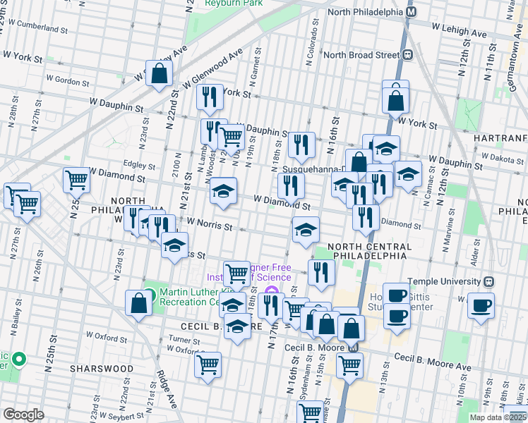 map of restaurants, bars, coffee shops, grocery stores, and more near 2038 North 18th Street in Philadelphia