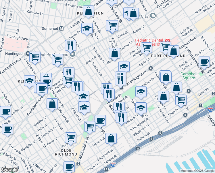 map of restaurants, bars, coffee shops, grocery stores, and more near 2842 Tulip Street in Philadelphia