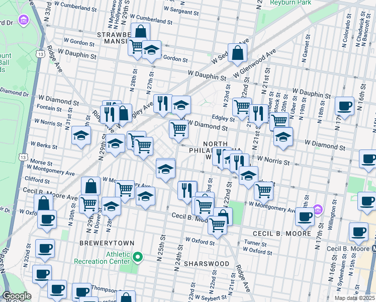 map of restaurants, bars, coffee shops, grocery stores, and more near 2415 Arlington Street in Philadelphia