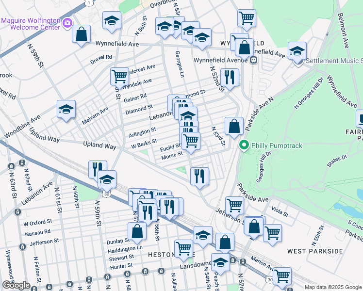 map of restaurants, bars, coffee shops, grocery stores, and more near 5404 Euclid St in Philadelphia