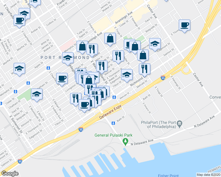 map of restaurants, bars, coffee shops, grocery stores, and more near 3300 Tilton Street in Philadelphia