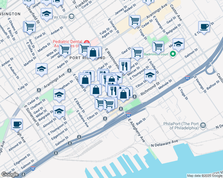 map of restaurants, bars, coffee shops, grocery stores, and more near 2629 East Allegheny Avenue in Philadelphia