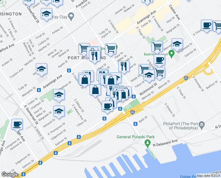 map of restaurants, bars, coffee shops, grocery stores, and more near 2629 East Allegheny Avenue in Philadelphia