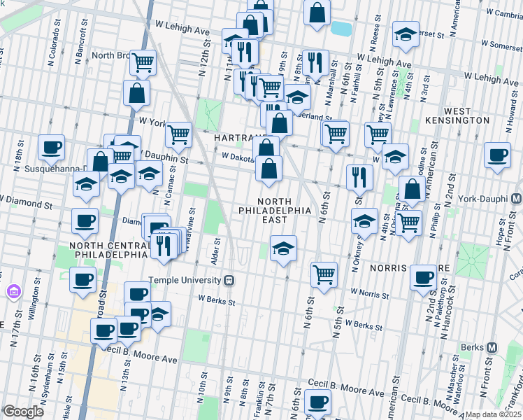 map of restaurants, bars, coffee shops, grocery stores, and more near 2169 North 9th Street in Philadelphia