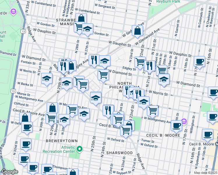 map of restaurants, bars, coffee shops, grocery stores, and more near 2415 Arlington Street in Philadelphia