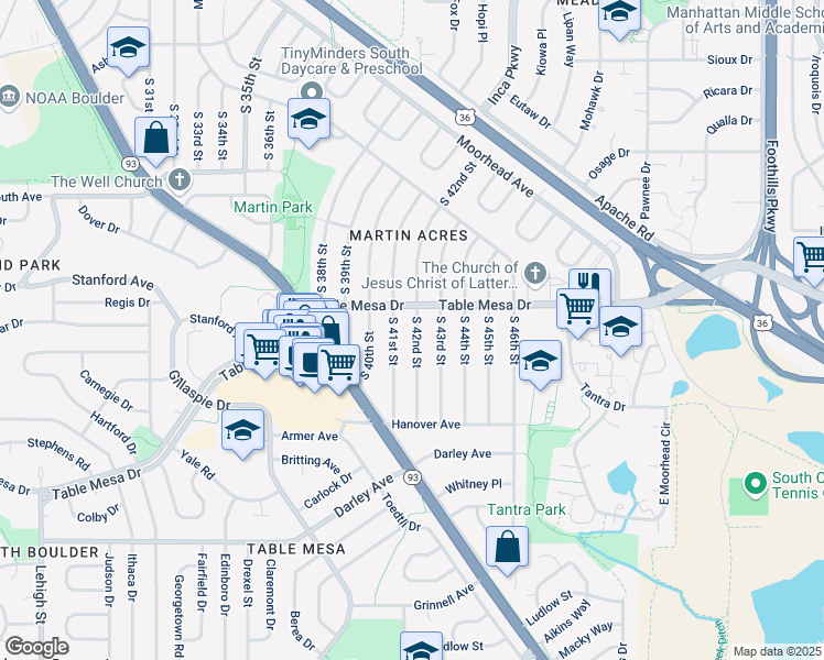 map of restaurants, bars, coffee shops, grocery stores, and more near 535 South 42nd Street in Boulder