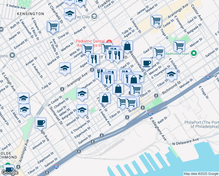 map of restaurants, bars, coffee shops, grocery stores, and more near 3109 Belgrade Street in Philadelphia