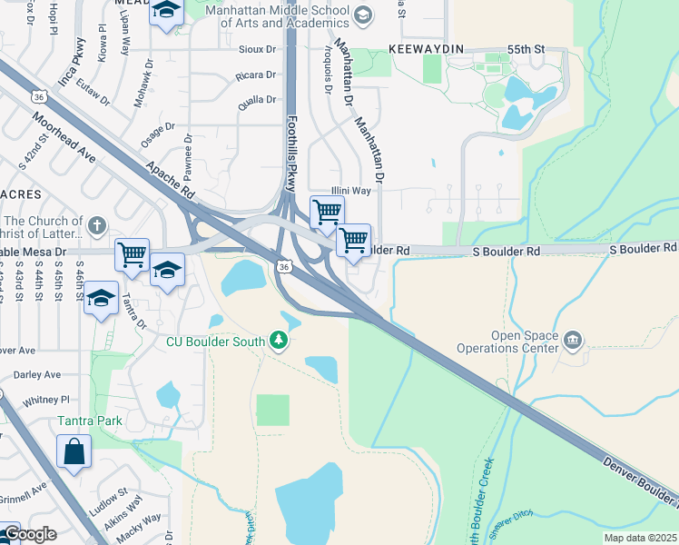 map of restaurants, bars, coffee shops, grocery stores, and more near 5190 South Boulder Road in Boulder