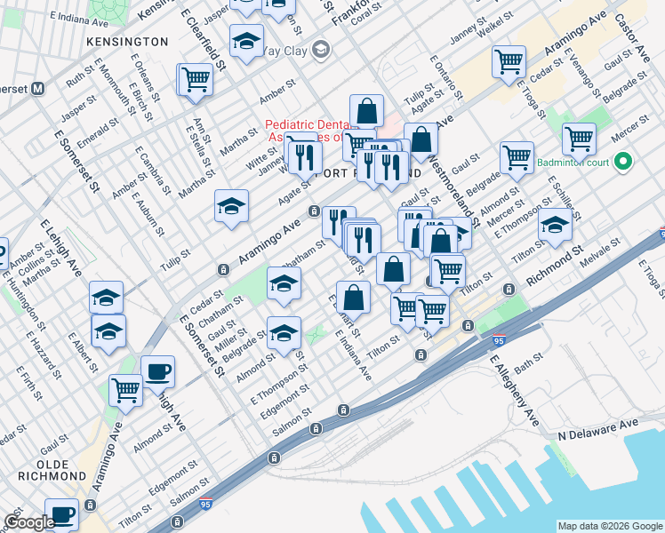 map of restaurants, bars, coffee shops, grocery stores, and more near 3060 Gaul Street in Philadelphia