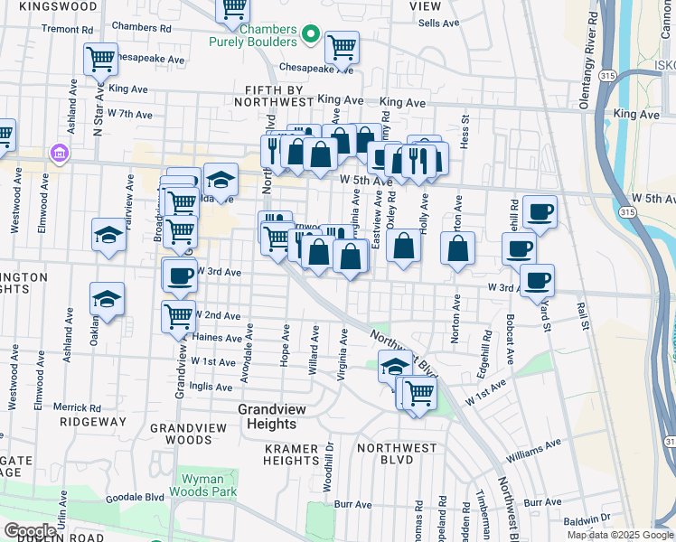 map of restaurants, bars, coffee shops, grocery stores, and more near 1200 West 3rd Avenue in Columbus