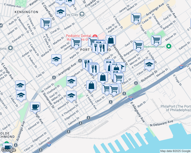 map of restaurants, bars, coffee shops, grocery stores, and more near 3111 Belgrade Street in Philadelphia