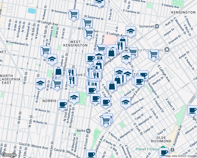 map of restaurants, bars, coffee shops, grocery stores, and more near 2301 North Front Street in Philadelphia