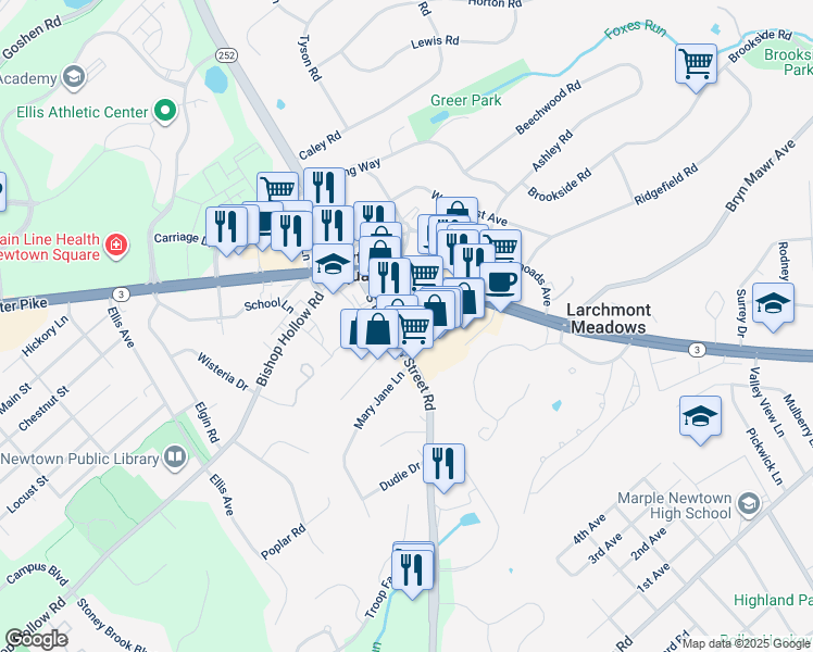 map of restaurants, bars, coffee shops, grocery stores, and more near 39 North Newtown Street Road in Media