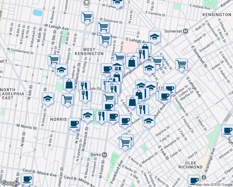 map of restaurants, bars, coffee shops, grocery stores, and more near 2301 North Front Street in Philadelphia