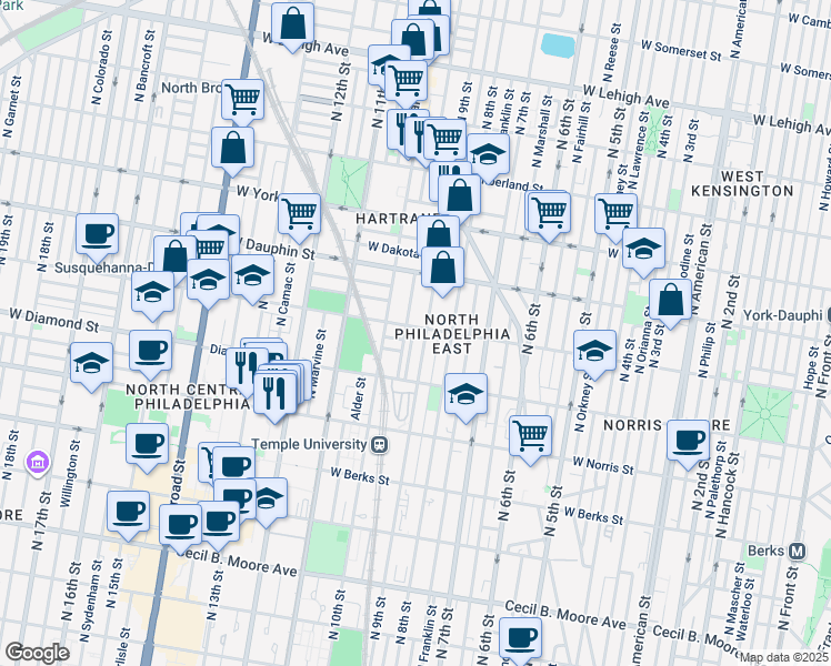 map of restaurants, bars, coffee shops, grocery stores, and more near 912 West Susquehanna Avenue in Philadelphia