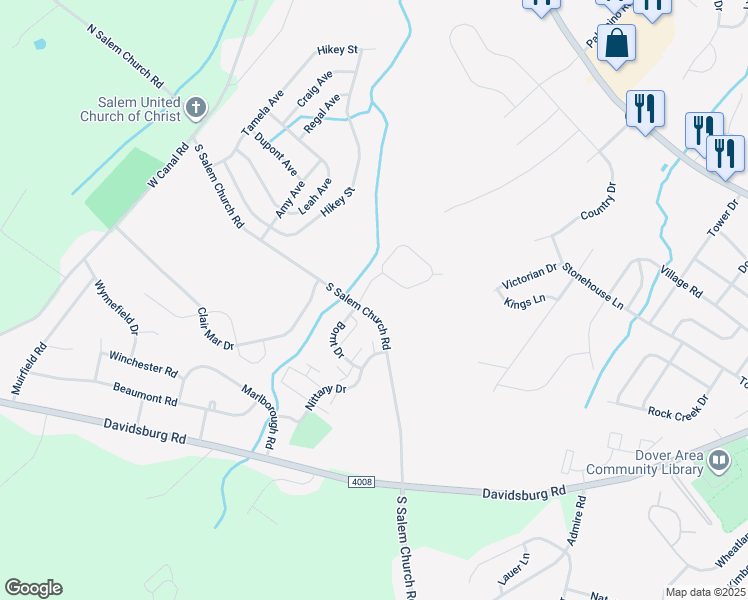 map of restaurants, bars, coffee shops, grocery stores, and more near 4601 South Salem Church Road in Dover