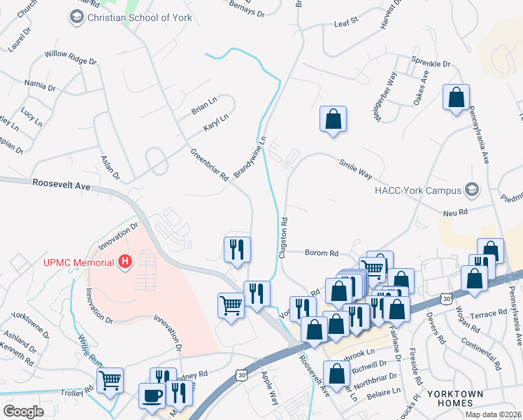 map of restaurants, bars, coffee shops, grocery stores, and more near 560 Greenbriar Road in York