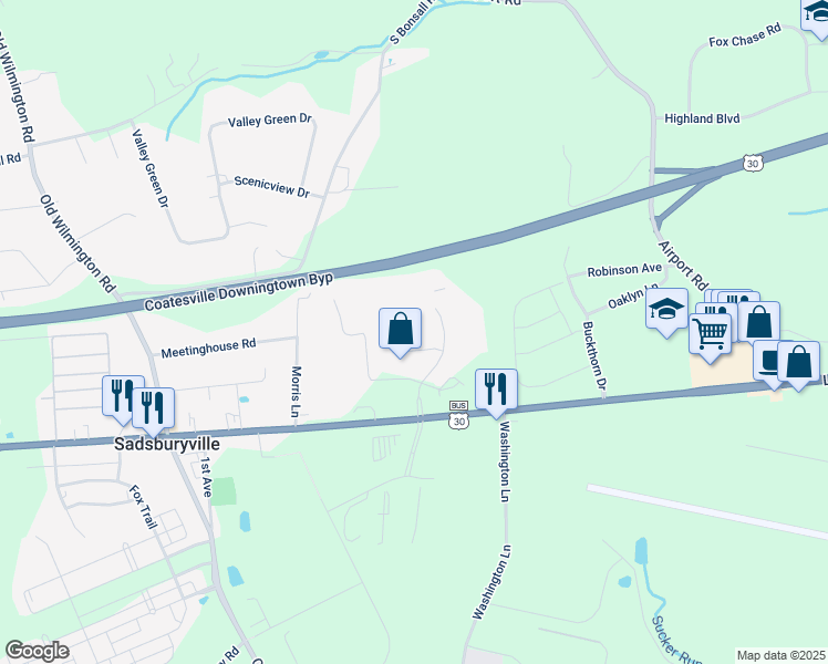 map of restaurants, bars, coffee shops, grocery stores, and more near 108 Independence Way in Coatesville