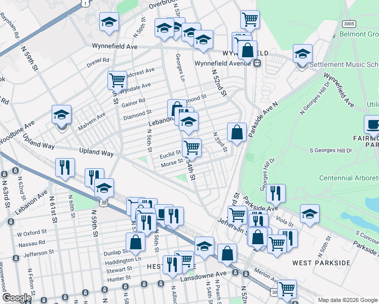 map of restaurants, bars, coffee shops, grocery stores, and more near 1833 North 54th Street in Philadelphia