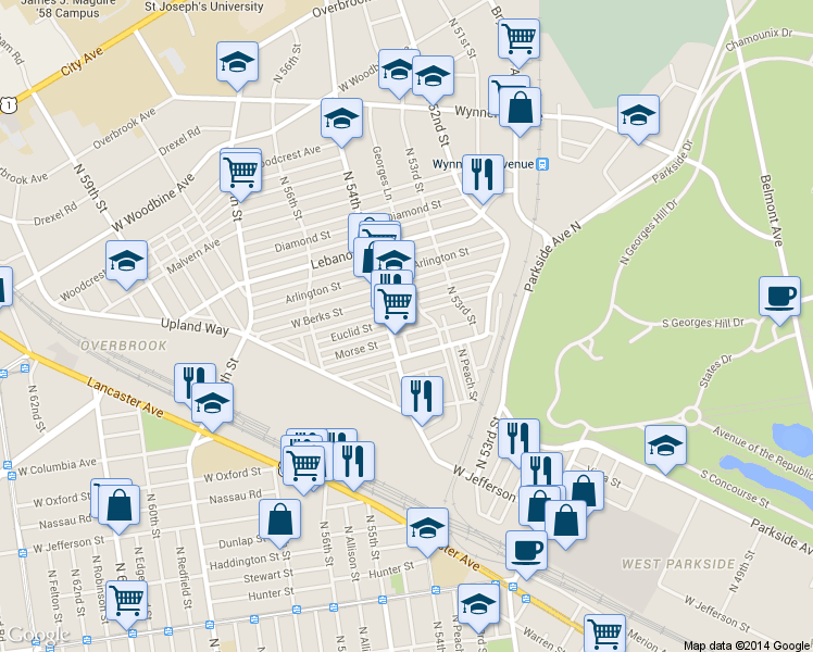 map of restaurants, bars, coffee shops, grocery stores, and more near 5381 Morse Street in Philadelphia