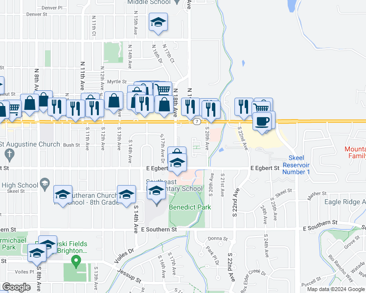 map of restaurants, bars, coffee shops, grocery stores, and more near 73 South 18th Avenue in Brighton